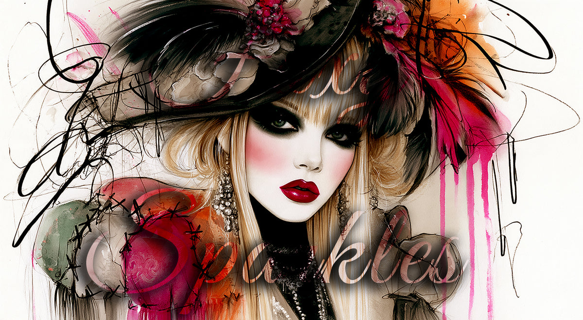 Dark Glamour Fashion Portrait — Boho Watercolor Digital Art Print