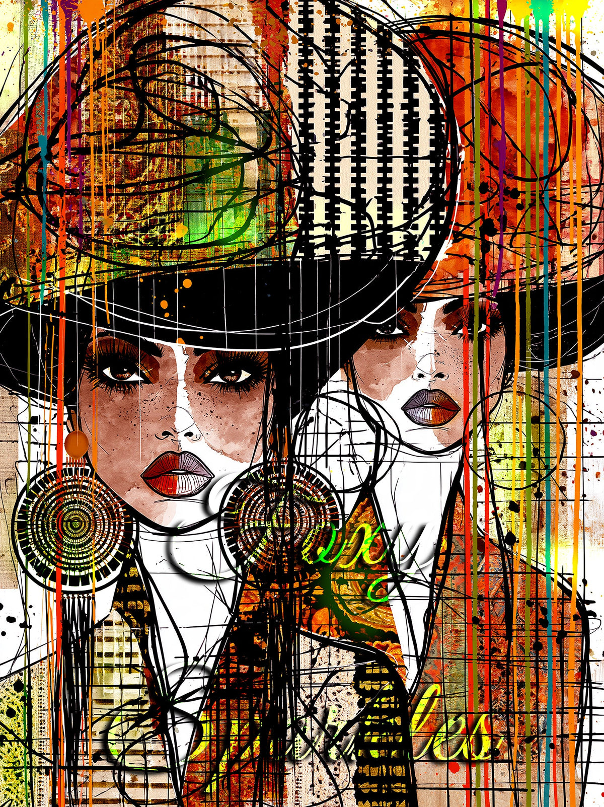 Bold pop art fashion illustration of two fierce women with dramatic striped hat, spiral earrings and vivid neon paint drips in an expressive street art style