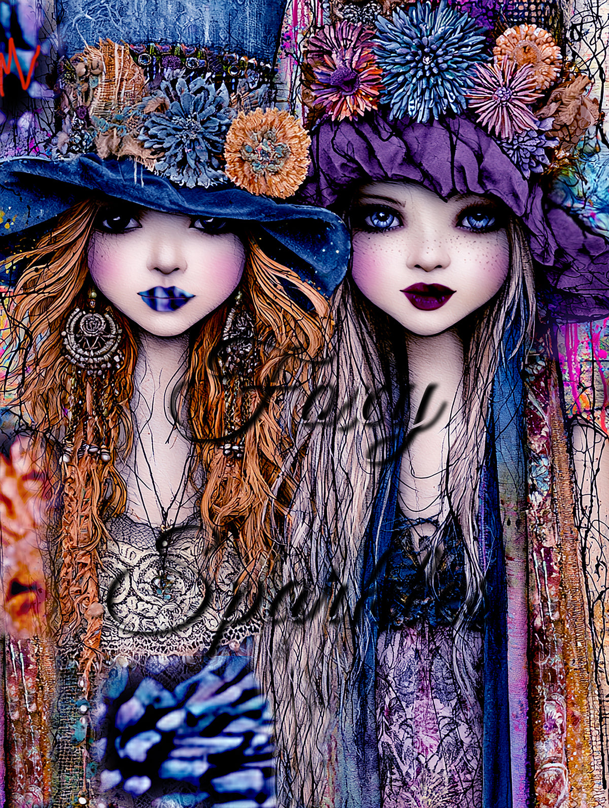 Two Magical Sisters in Bloom — Whimsical Fantasy Art Print