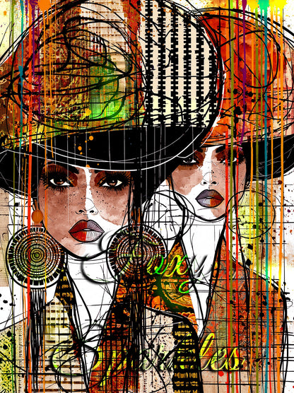 Bold pop art fashion illustration of two fierce women with dramatic striped hat, spiral earrings and vivid neon paint drips in an expressive street art style