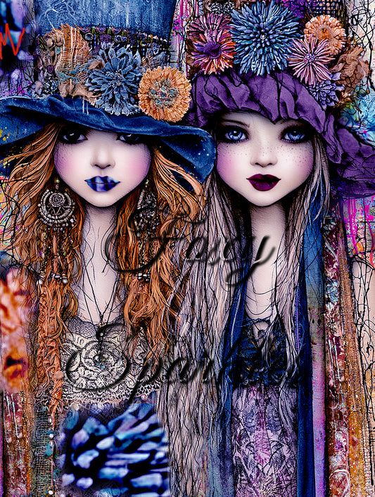 Two Magical Sisters in Bloom — Whimsical Fantasy Art Print