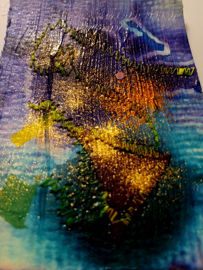 ACEO Art Abstract Sewing Mixed Media Original Art Vintage Gold Powder