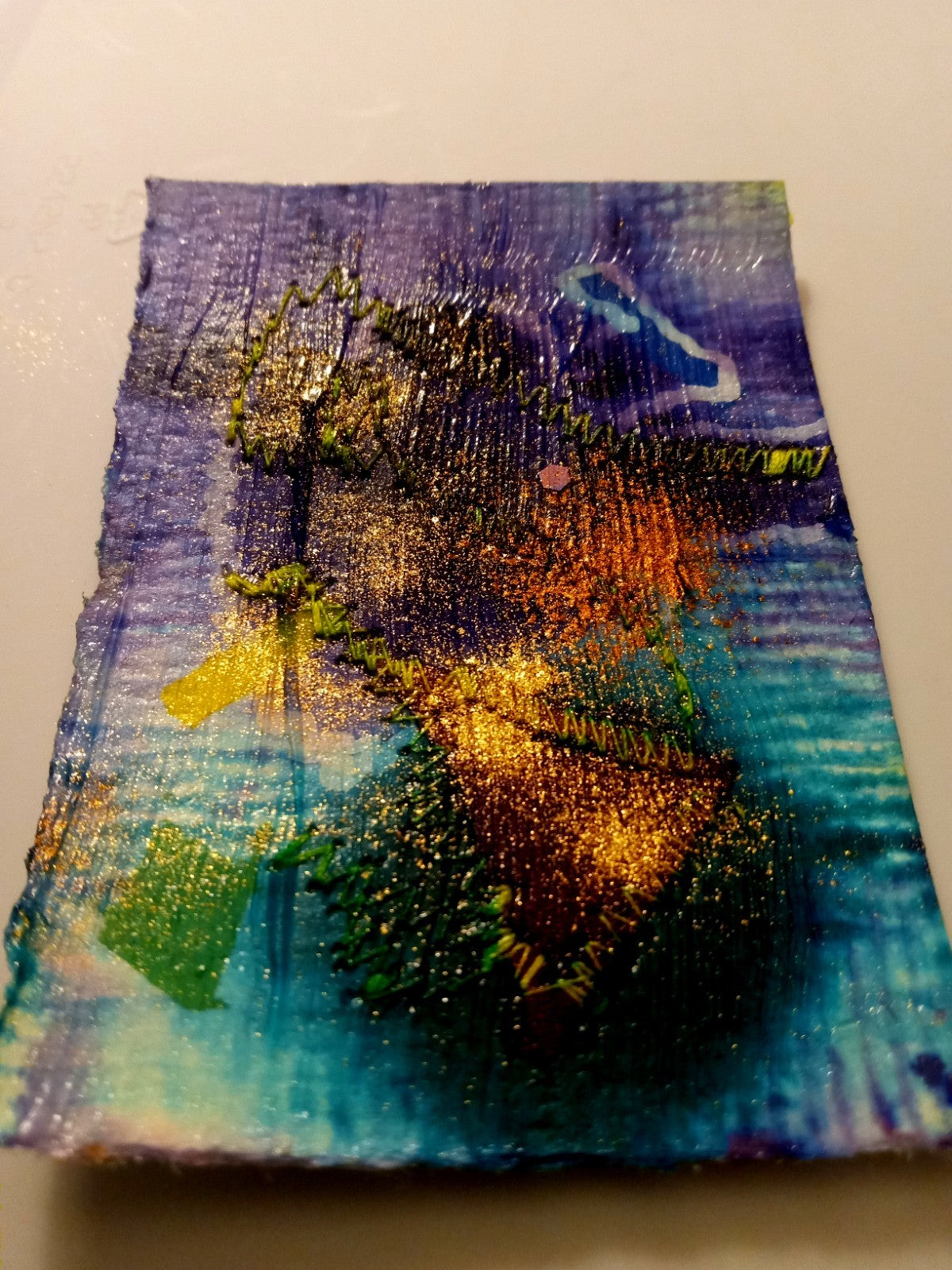 ACEO Art Abstract Sewing Mixed Media Original Art Vintage Gold Powder
