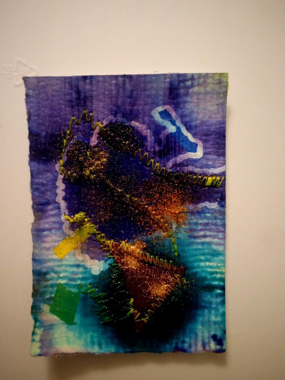 ACEO Art Abstract Sewing Mixed Media Original Art Vintage Gold Powder