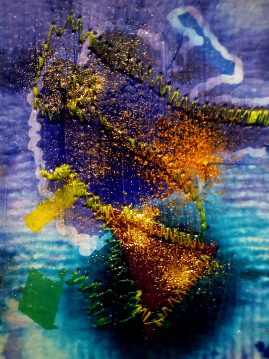 ACEO Art Abstract Sewing Mixed Media Original Art Vintage Gold Powder