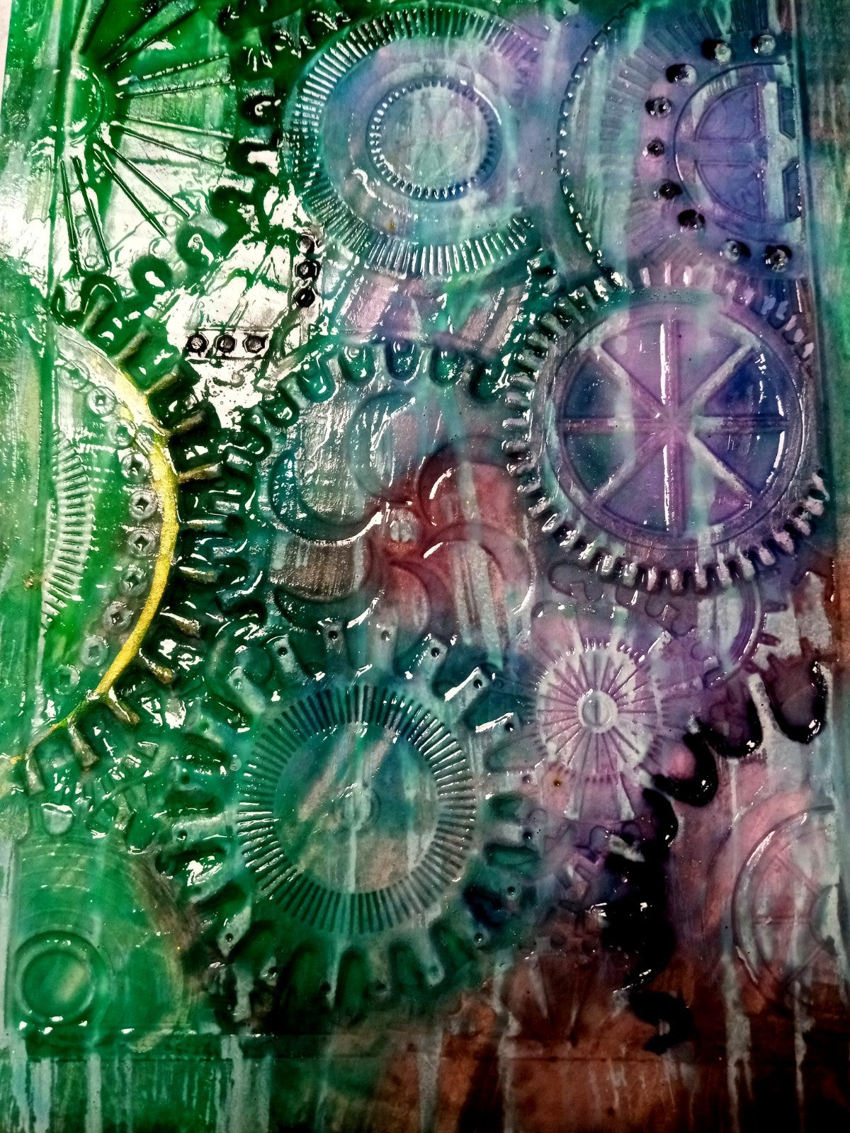 Abstract Art Original 5" x 7" Steampunk Raised Gears Cogs Blues Greens Original