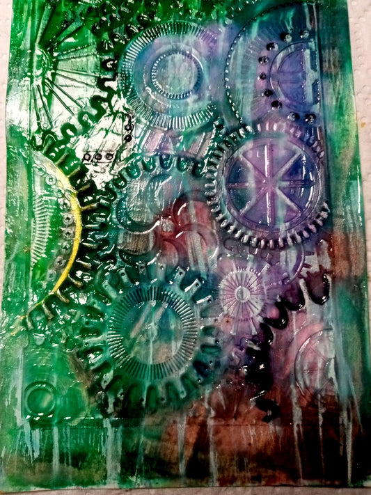 Abstract Art Original 5" x 7" Steampunk Raised Gears Cogs Blues Greens Original