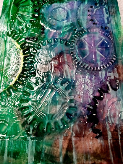 Abstract Art Original 5" x 7" Steampunk Raised Gears Cogs Blues Greens Original