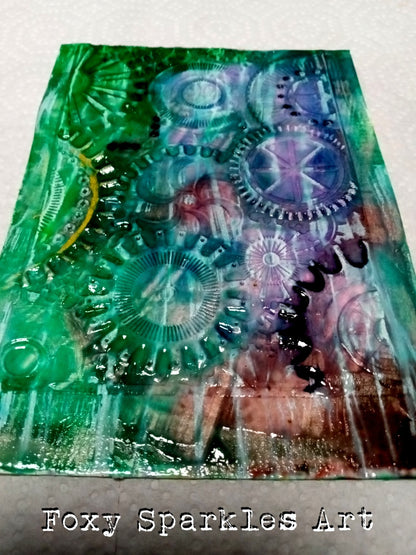 Abstract Art Original 5" x 7" Steampunk Raised Gears Cogs Blues Greens Original